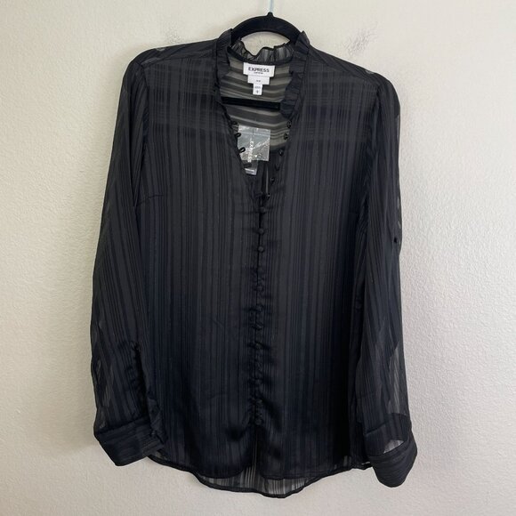 NEW Express Portofino Shirt Womens Large Slim Fit Black Sheer Ruffle Neck Blouse - Picture 8 of 11